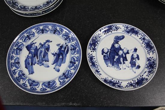 Nine Chinese blue and white plates, late 19th century, 24.5 - 25.5cm